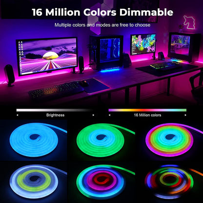 Banda LED neon RGBIC de 3m, cu sincronizare muzicala, telecomanda si aplicatie, 16 milioane culori personalizabile, dimabila, compatibil Alexa si Google Assistant
