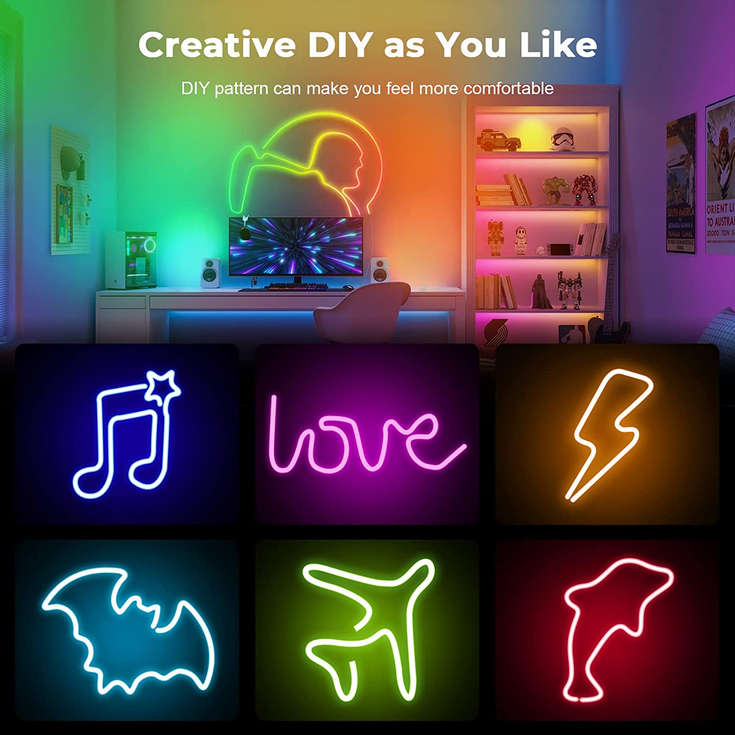 Banda LED neon RGBIC de 3m, cu sincronizare muzicala, telecomanda si aplicatie, 16 milioane culori personalizabile, dimabila, compatibil Alexa si Google Assistant