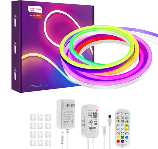 Banda LED neon RGBIC de 3m, cu sincronizare muzicala, telecomanda si aplicatie, 16 milioane culori personalizabile, dimabila, compatibil Alexa si Google Assistant