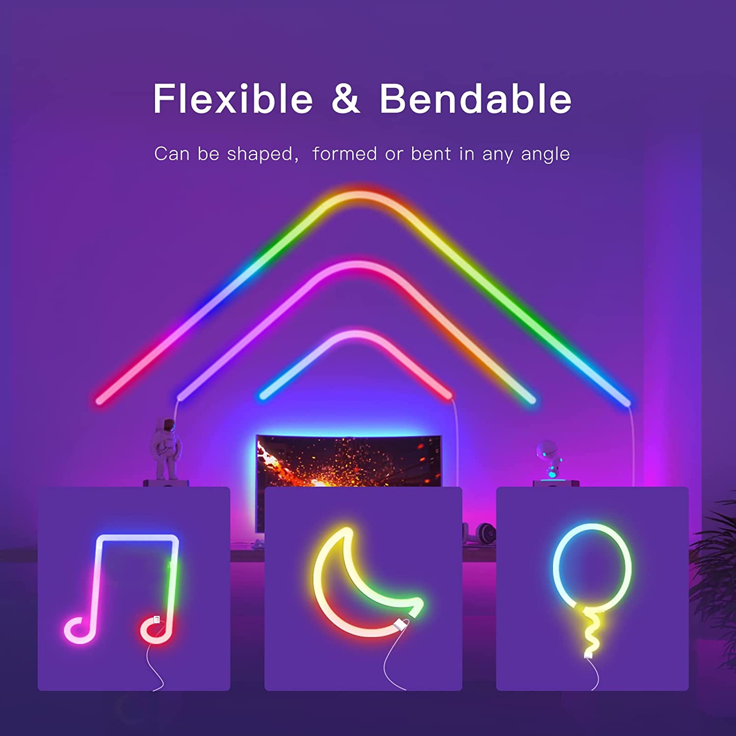 Banda LED neon RGBIC de 3m, cu telecomanda si control prin aplicatie, sincronizare muzicala, flexibila, 16 milioane de culori, 100 de scene, compatibil Alexa si Google Assistant