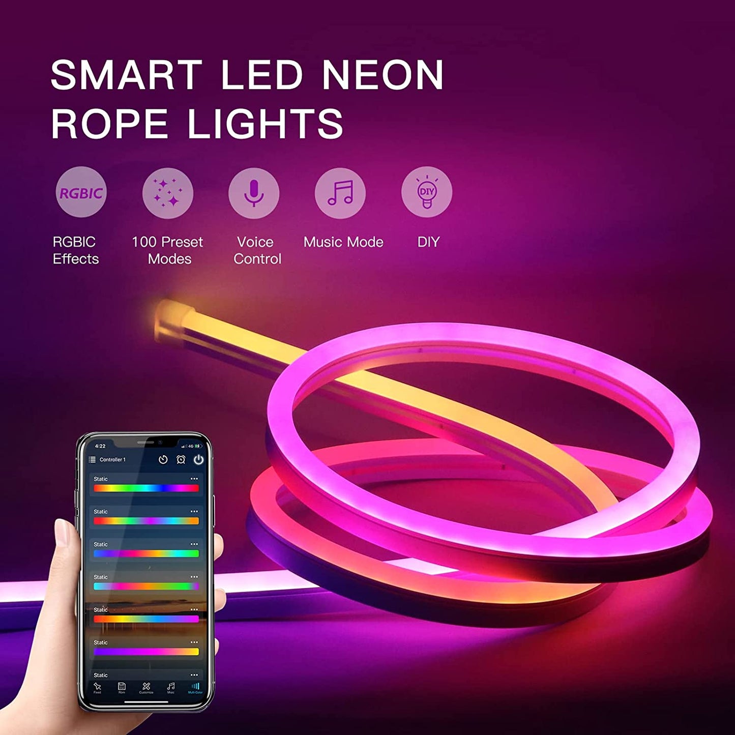 Banda LED neon RGBIC de 3m, cu telecomanda si control prin aplicatie, sincronizare muzicala, flexibila, 16 milioane de culori, 100 de scene, compatibil Alexa si Google Assistant