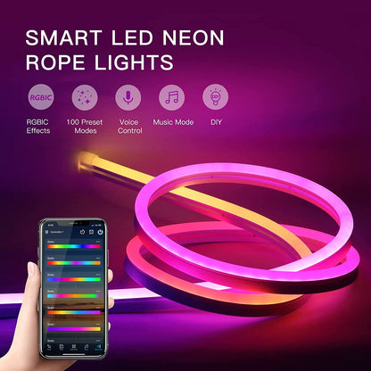 Banda LED neon RGBIC de 3m, cu telecomanda si control prin aplicatie, sincronizare muzicala, flexibila, 16 milioane de culori, 100 de scene, compatibil Alexa si Google Assistant