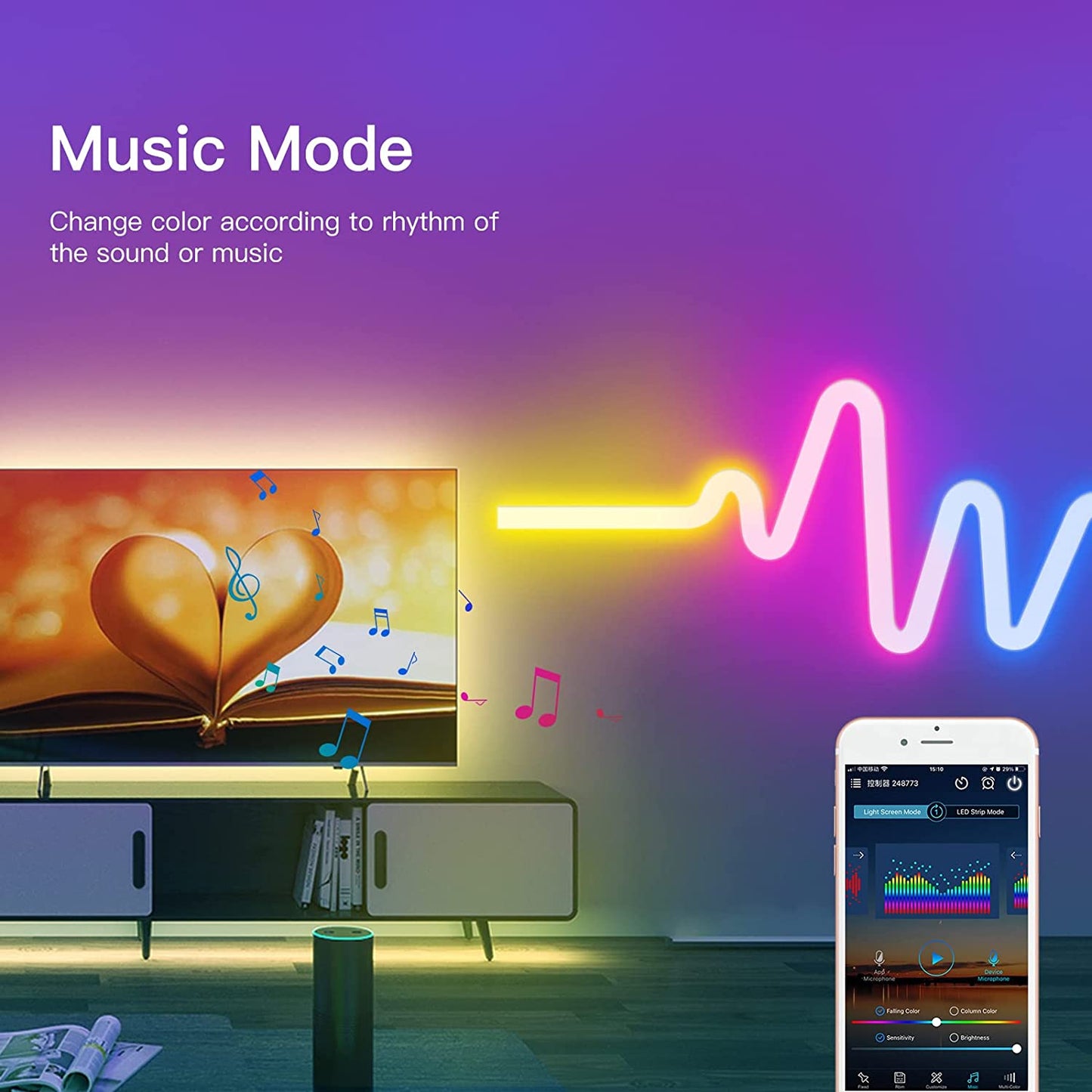 Banda LED neon RGBIC de 3m, cu telecomanda si control prin aplicatie, sincronizare muzicala, flexibila, 16 milioane de culori, 100 de scene, compatibil Alexa si Google Assistant
