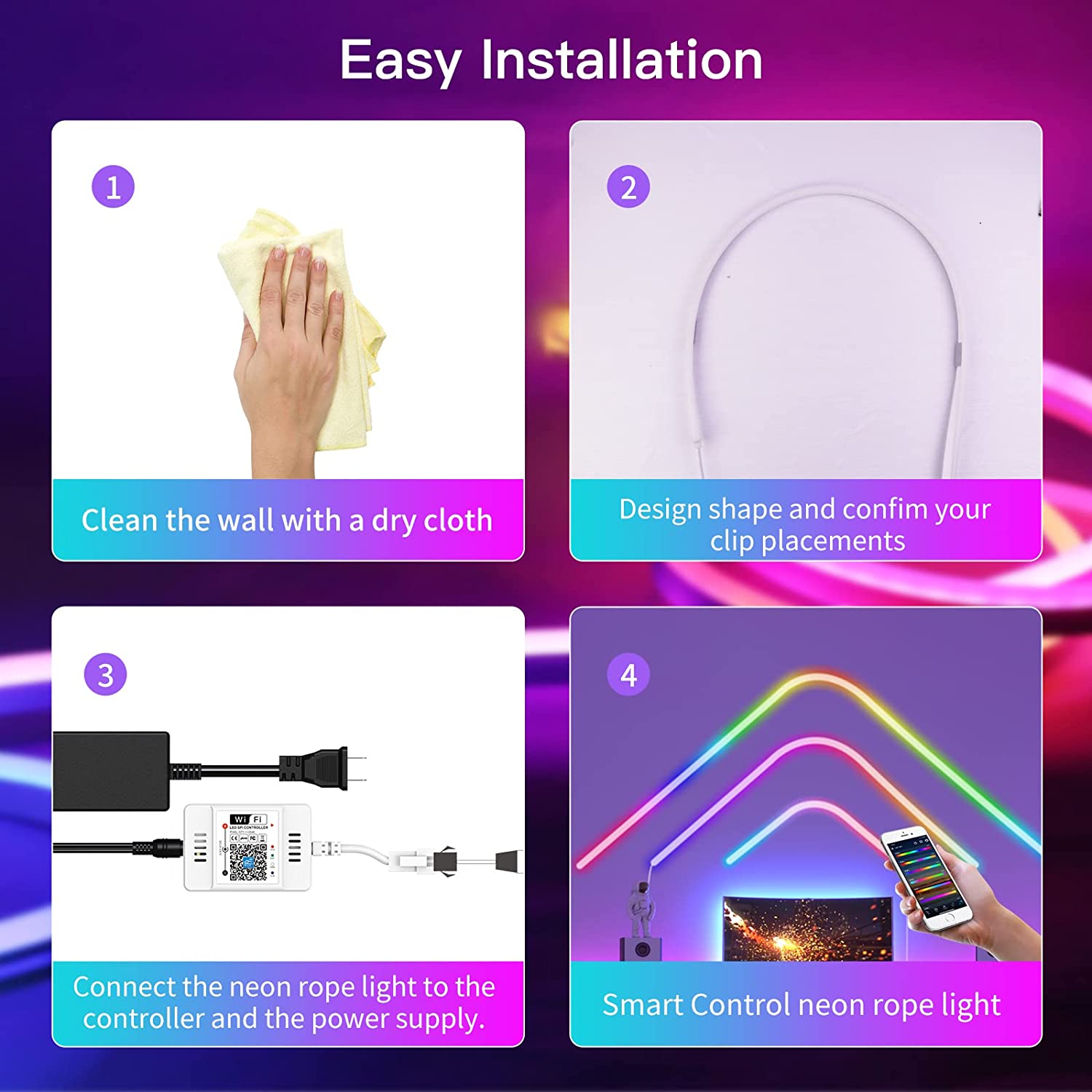 Banda LED neon RGBIC de 3m, cu telecomanda si control prin aplicatie, sincronizare muzicala, flexibila, 16 milioane de culori, 100 de scene, compatibil Alexa si Google Assistant