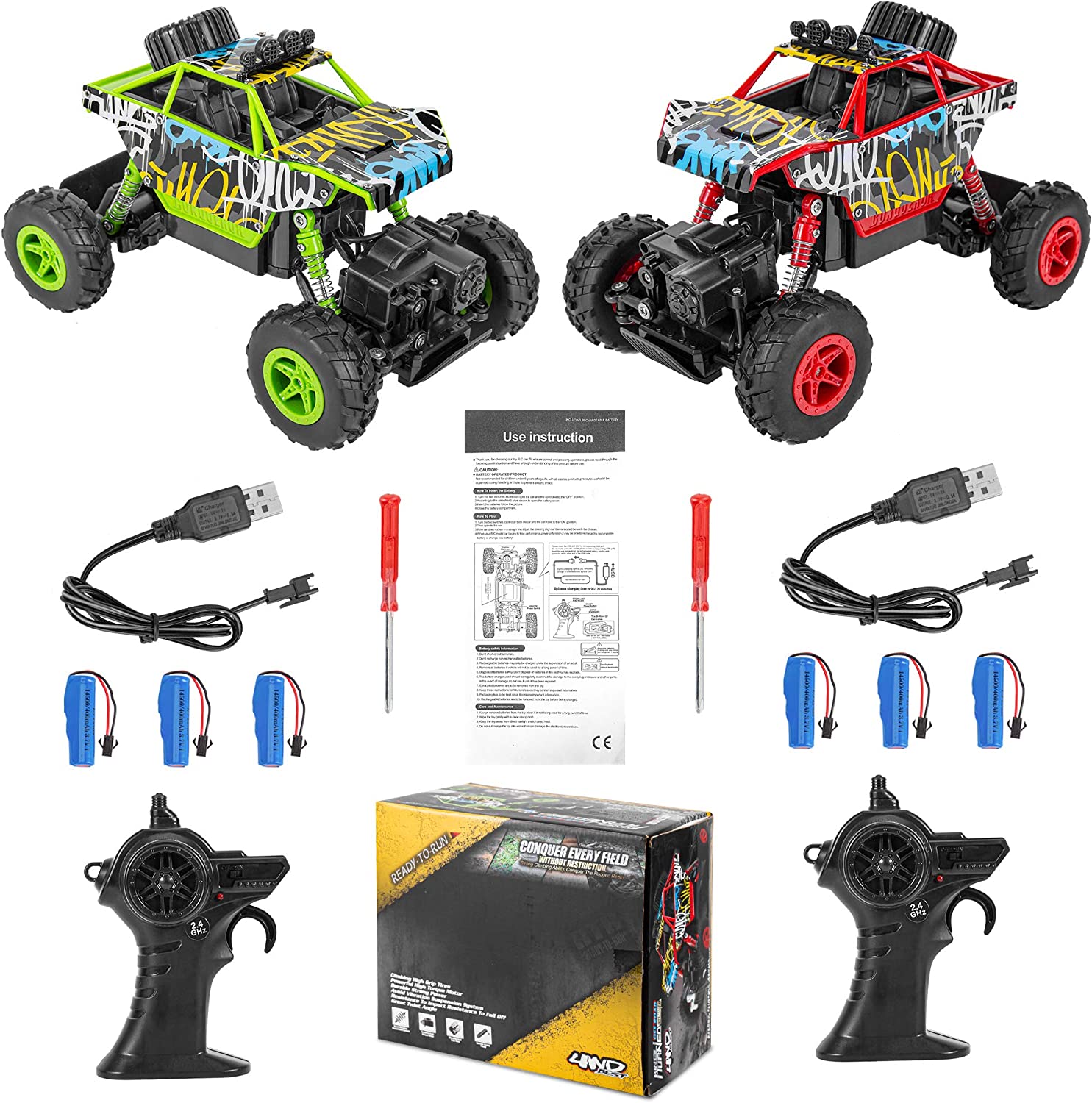 Set de 2 masina cu telecomanda si 6 acumulatori, 1:20, offroad, cu 2 telecomenzi 2,4 GHz, rezistente la impact, multicolore