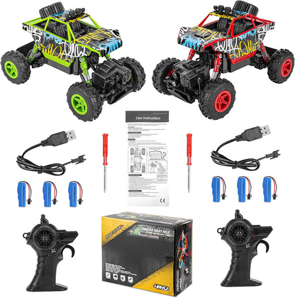 Set de 2 masina cu telecomanda si 6 acumulatori, 1:20, offroad, cu 2 telecomenzi 2,4 GHz, rezistente la impact, multicolore