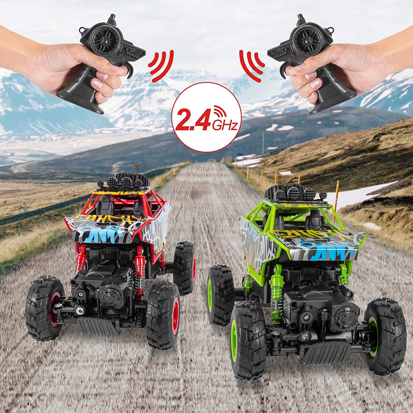 Set de 2 masina cu telecomanda si 6 acumulatori, 1:20, offroad, cu 2 telecomenzi 2,4 GHz, rezistente la impact, multicolore