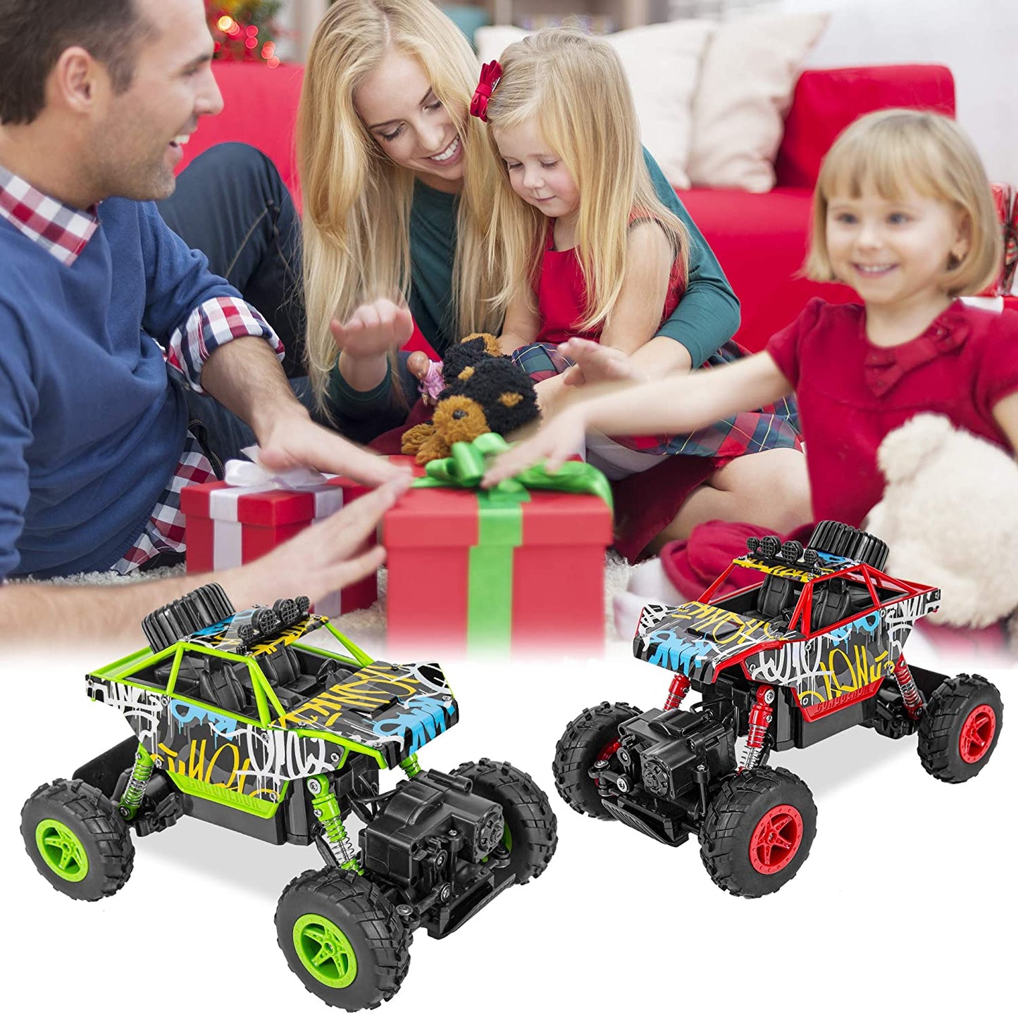 Set de 2 masina cu telecomanda si 6 acumulatori, 1:20, offroad, cu 2 telecomenzi 2,4 GHz, rezistente la impact, multicolore