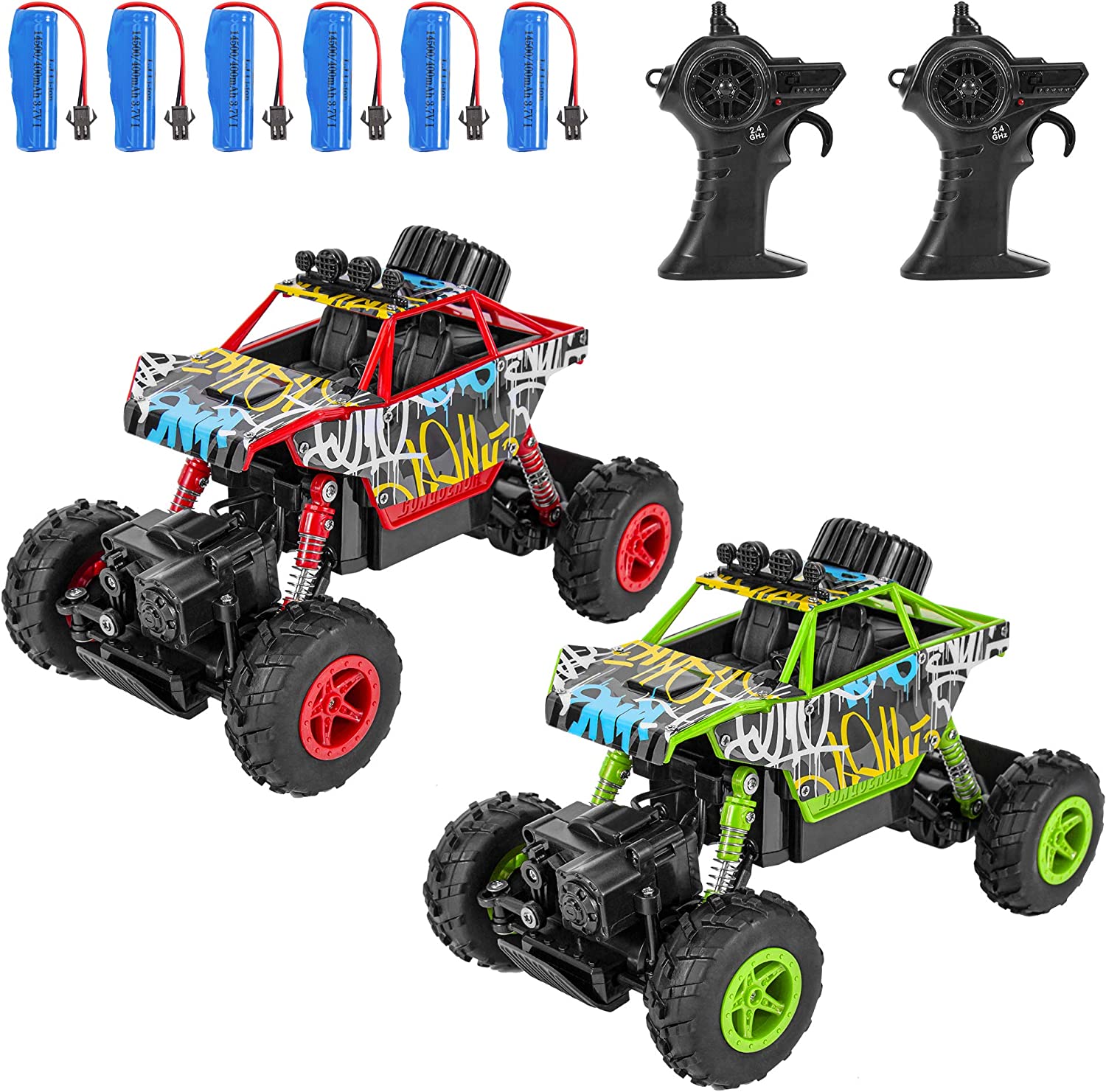 Set de 2 masina cu telecomanda si 6 acumulatori, 1:20, offroad, cu 2 telecomenzi 2,4 GHz, rezistente la impact, multicolore
