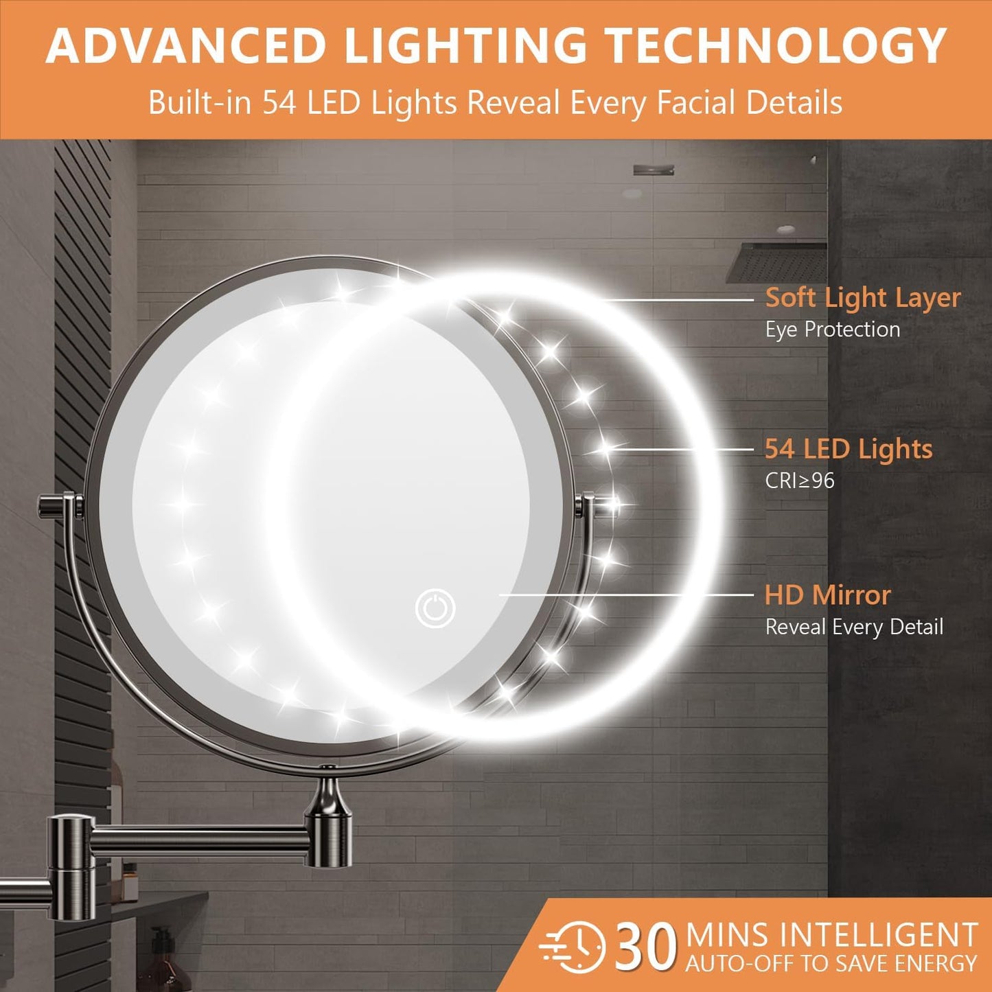Oglinda cosmetica iluminata LED, marire 1X/20X, luminozitate reglabila, 3 moduri iluminare, reincarcabila, cu doua fete, buton tactil, rotativa 360°, neagra
