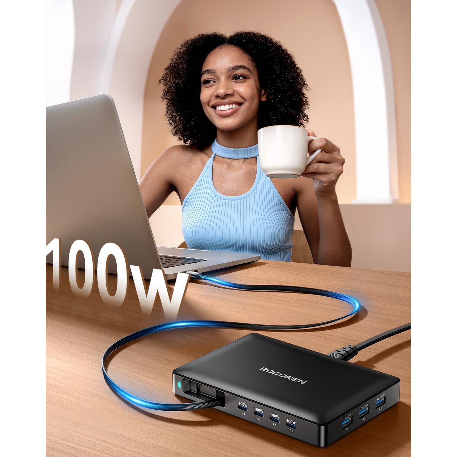Statie de Incarcare multi-dispozitiv Rocoren 8 in 1 GaN 100W PD, cablu USB-C retractabil integrat 80 cm, incarcare rapida PD 3.0 / QC 4.0 / PPS, compatibil iPhone 17/16/15, MacBook, Samsung Galaxy, Pixel, laptopuri si tablete