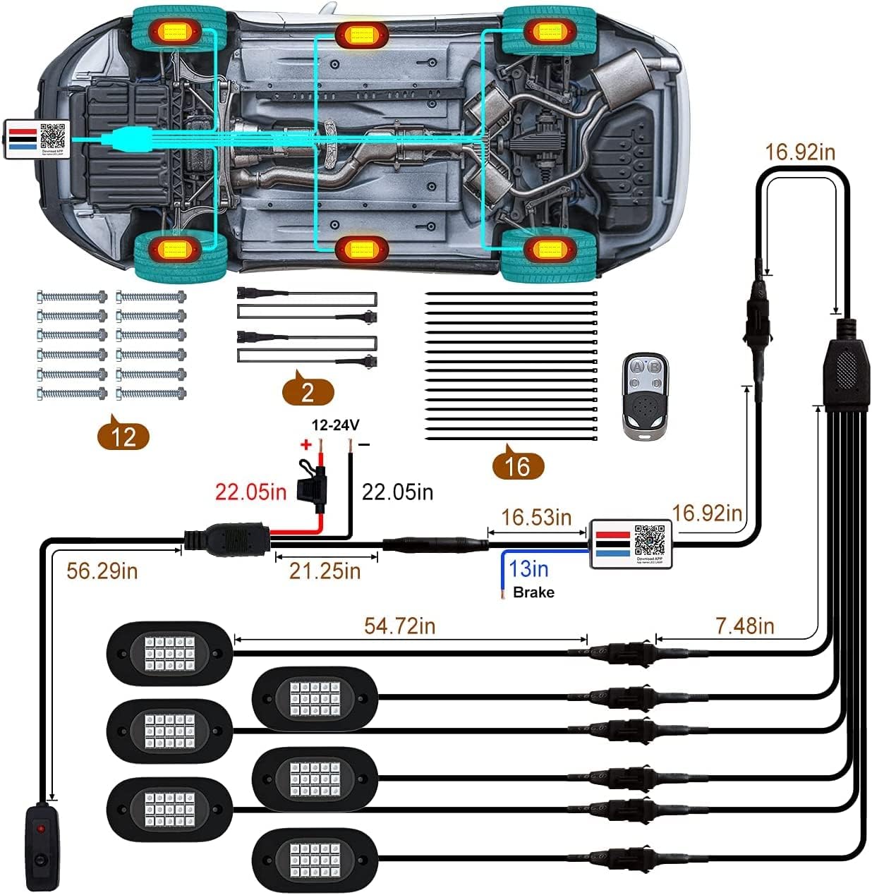 Set 6 lumini ambientale auto LED RGB, control prin aplicatie si telecomanda, sincronizare muzica, aprindere la franare, impermeabile IP68, pentru SUV offroad, camioneta, ATV, motocicleta, carenaj auto
