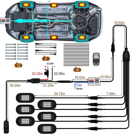 Set 6 lumini ambientale auto LED RGB, control prin aplicatie si telecomanda, sincronizare muzica, aprindere la franare, impermeabile IP68, pentru SUV offroad, camioneta, ATV, motocicleta, carenaj auto