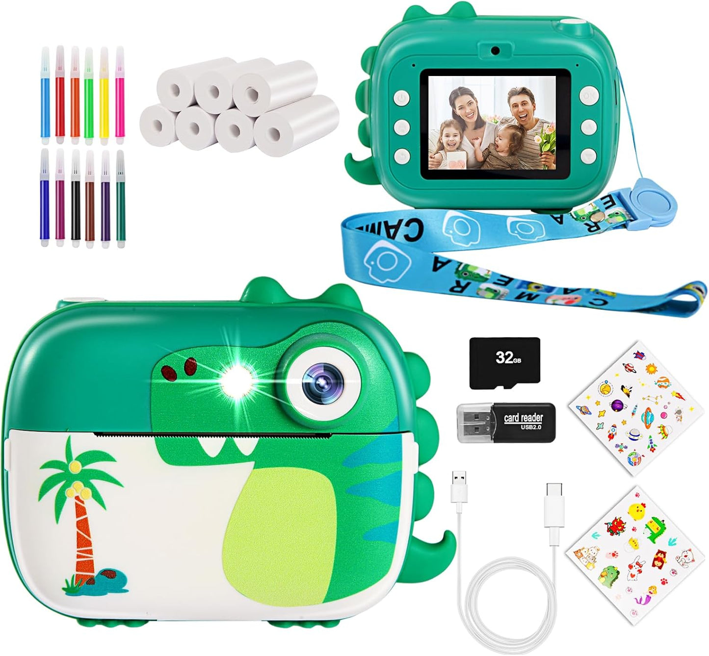 Camera foto instant pentru copii, camera instantanee cu functie printare, video HD 1080P, blit, functie MP3 Player, jocuri incorporate, slot card, cu 7 role hartie incluse