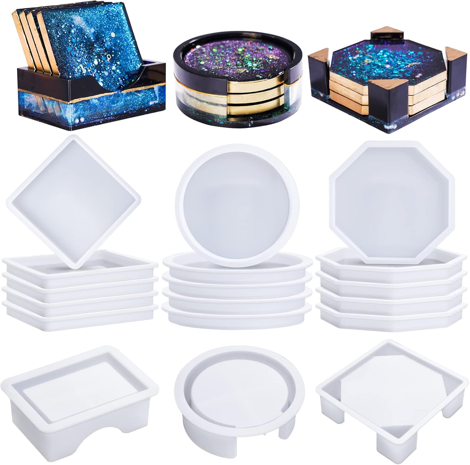 Set matrite pentru coaster, din silicon, kit pentru suport pahare de rasina epoxidica, 15 piese, rotund, octagonal si patrat