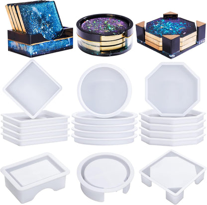 Set matrite pentru coaster, din silicon, kit pentru suport pahare de rasina epoxidica, 15 piese, rotund, octagonal si patrat
