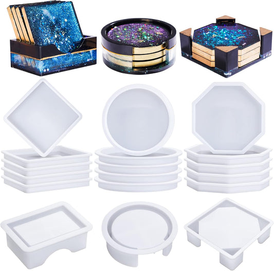 Set matrite pentru coaster, din silicon, kit pentru suport pahare de rasina epoxidica, 15 piese, rotund, octagonal si patrat