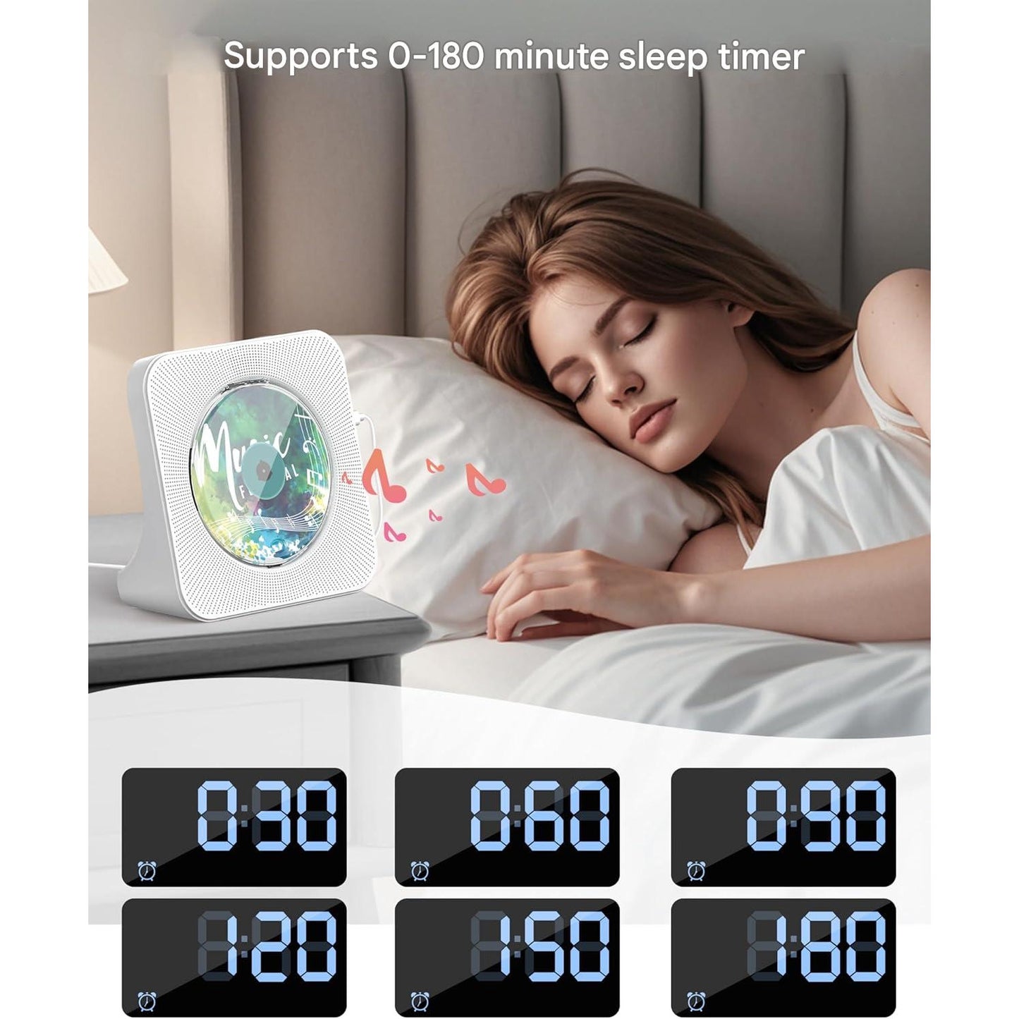 CD Player portabil premium Greadio cu Bluetooth 5.0 bidirectional, difuzoare HiFi stereo, telecomanda, display LED, radio FM, suport CD/MP3/USB/AUX, jack casti, design elegant anti-praf, functie sleep timer, alb
