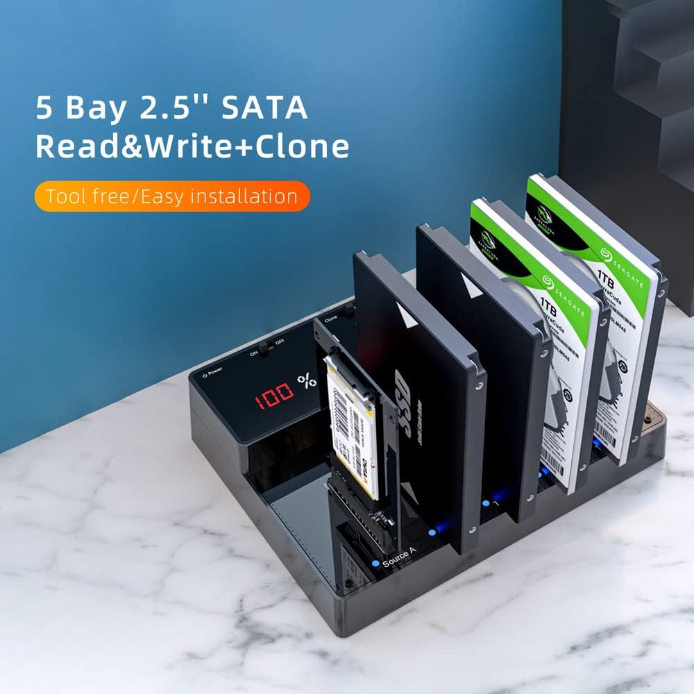 Statie andocare SATA HDD/SSD, USB 3.0, 5 sloturi, functie clonare, citire si scriere, protocol UASP, Plug and Play, pentru Hard Disk, compatibil Windows XP / Vista / 7 / 8 / 8 1/10, Linux & MacOS
