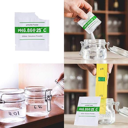 Set solutii calibrare pentru pH-metru, precizie de ±0, 01 unitati de pH la 25°C, stabil, 18 plicuri x pH 4, 01, 6, 86 si 9, 18, pentru testarea apei din piscina, testarea hidroculturii pentru acvarii