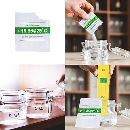 Set solutii calibrare pentru pH-metru, precizie de ±0, 01 unitati de pH la 25°C, stabil, 18 plicuri x pH 4, 01, 6, 86 si 9, 18, pentru testarea apei din piscina, testarea hidroculturii pentru acvarii