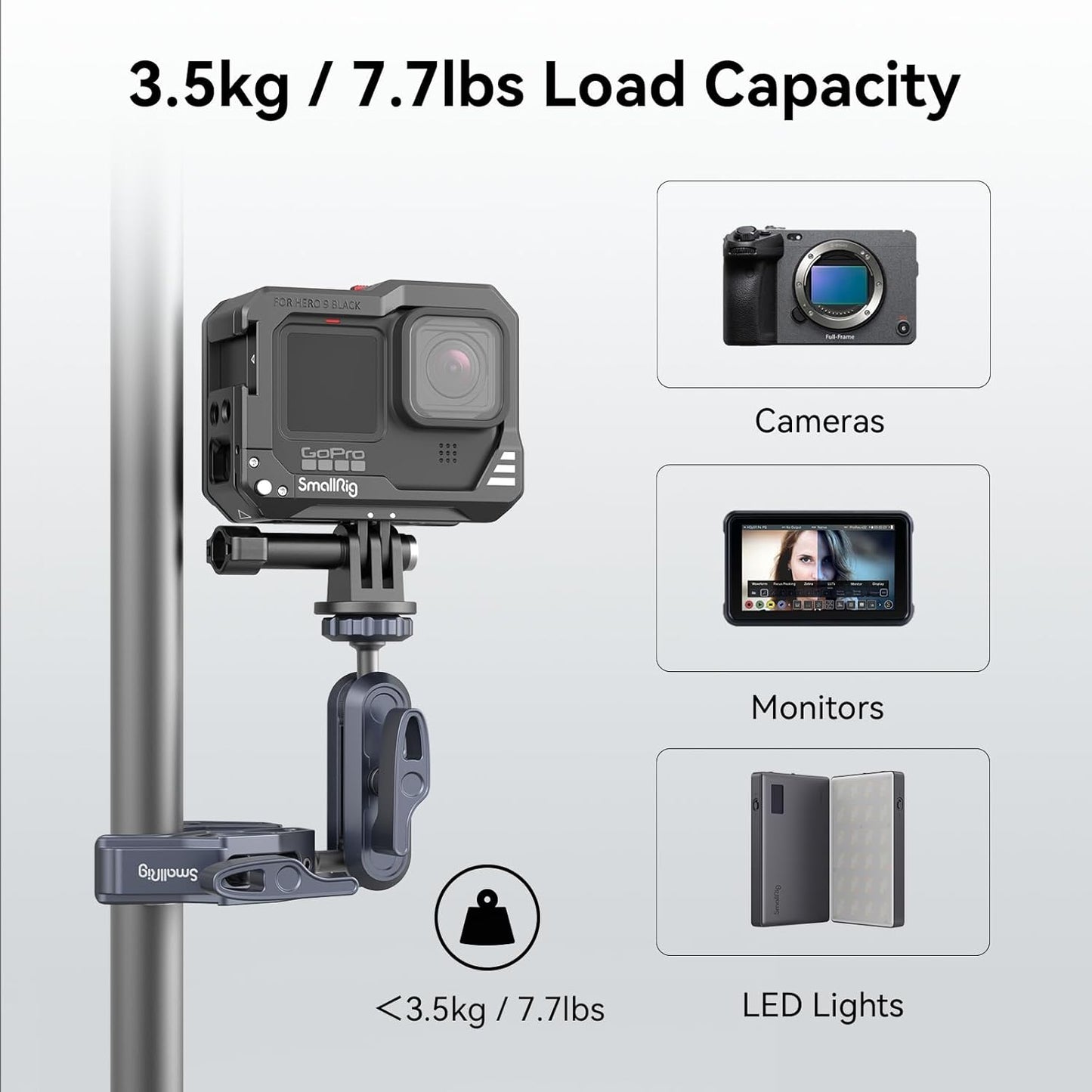Clema de fixare magic arm cu menghina si montura cap bila cu rotatie 360°, adaptor GoPro, filete de 1/4 inch si 3/8 inch, clema crab cu sarcina maxima suportata 3.5 kg, 3757B