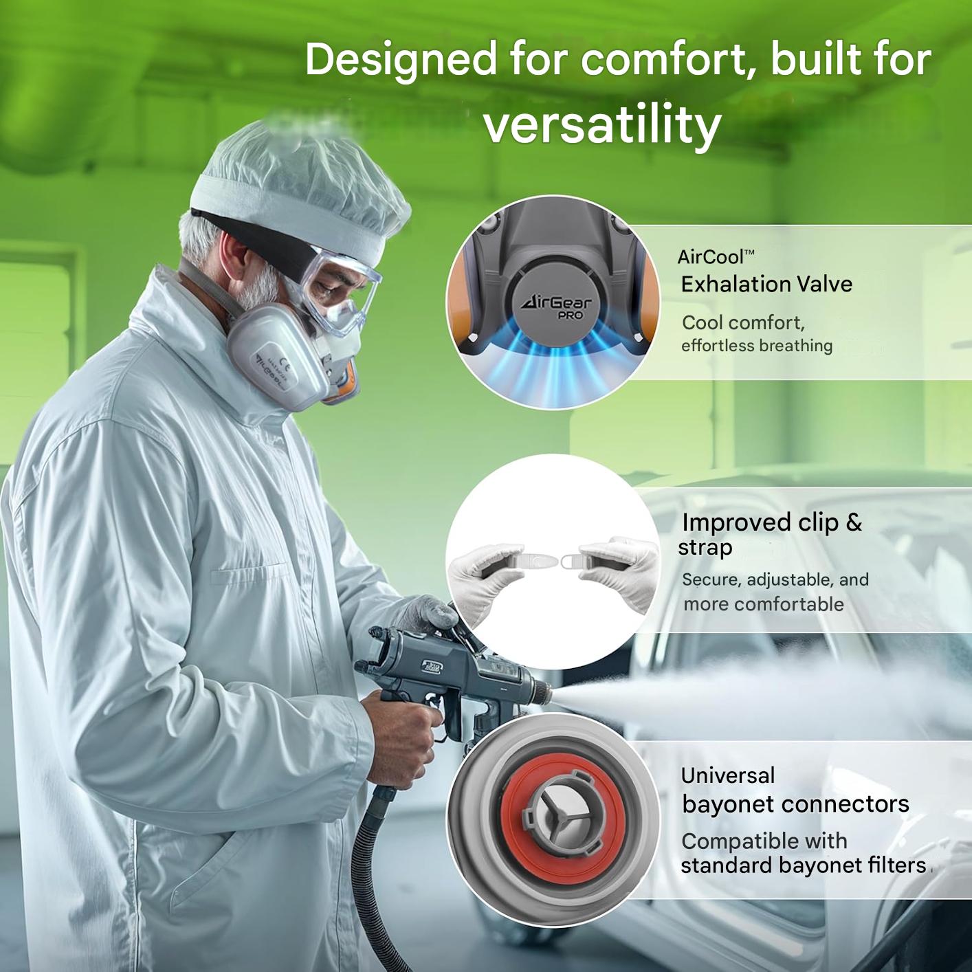 Masca respiratorie AirGearPro G-500 cu filtru A1P2 si P2, semimasca protectie cu sistem dublu de filtrare, pentru vopsire, slefuire, constructii, praf fin, gaze si vapori, reutilizabila, cu curele reglabile