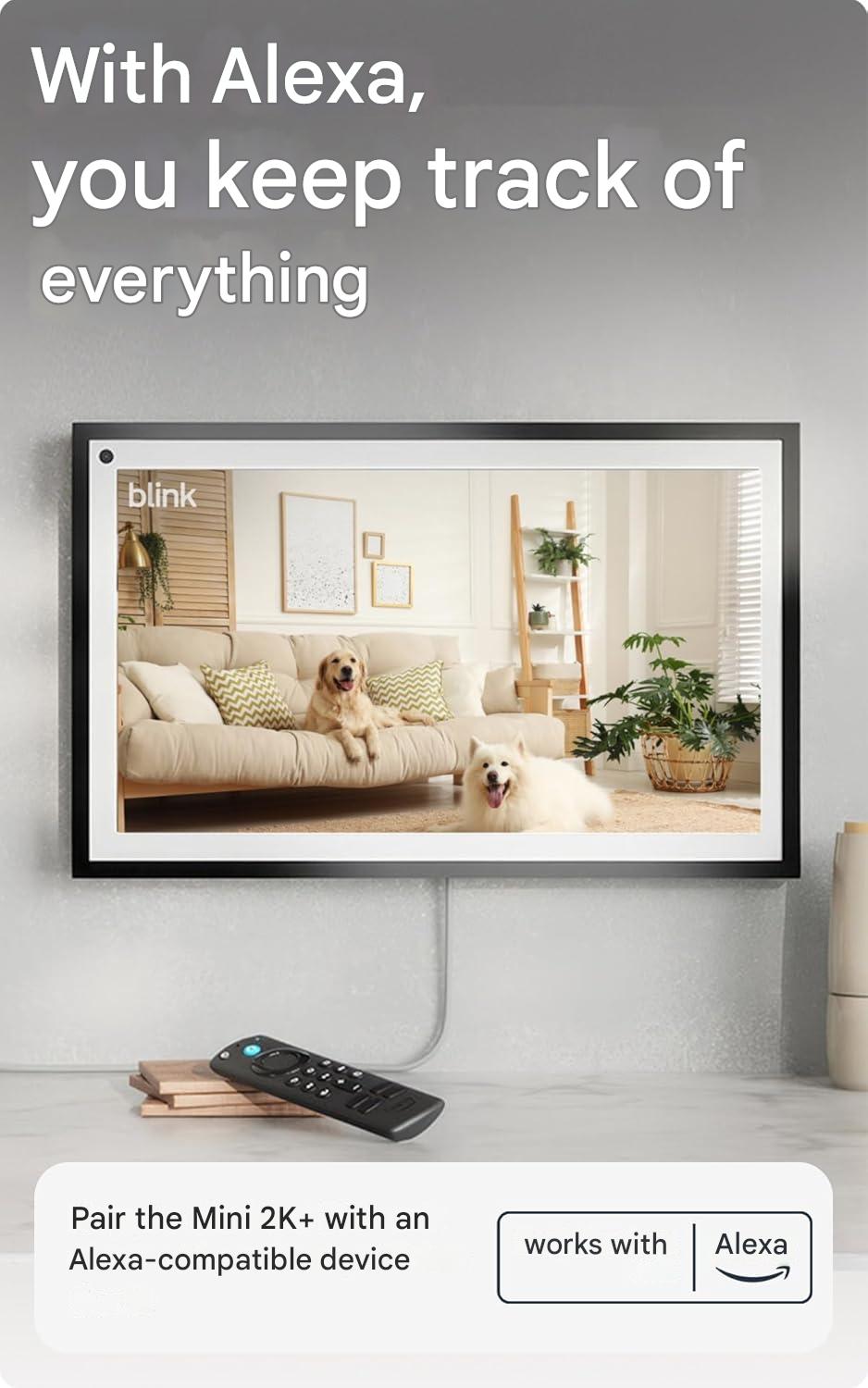 Camera de supraveghere Blink Mini 2K, rezolutie 2K, zoom 4X, vedere nocturna color cu LED, audio bidirectional cu anulare zgomot, functioneaza cu aplicatia Alexa, conectare la priza, alb