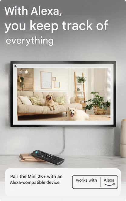 Camera de supraveghere Blink Mini 2K, rezolutie 2K, zoom 4X, vedere nocturna color cu LED, audio bidirectional cu anulare zgomot, functioneaza cu aplicatia Alexa, conectare la priza, alb