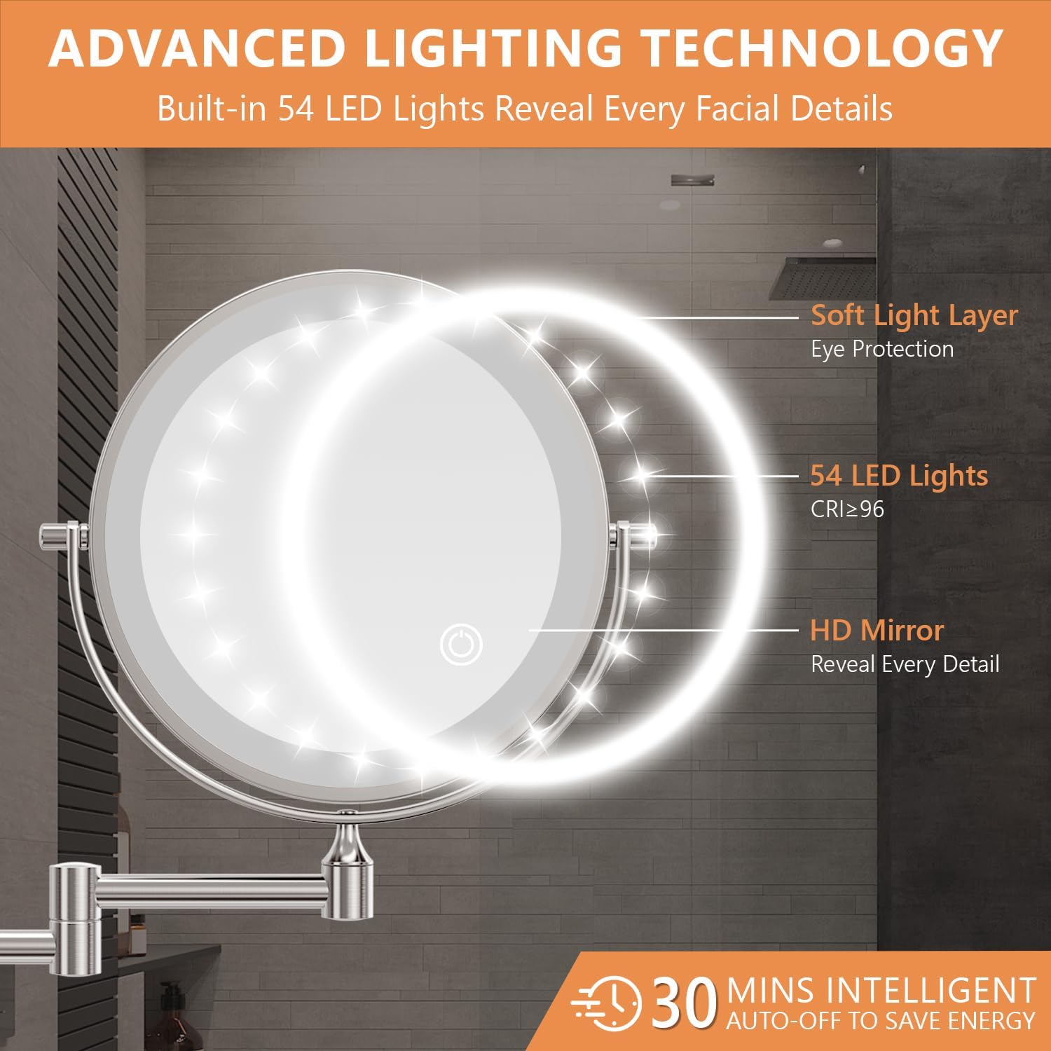 Oglinda cosmetica iluminata LED, marire 1X/20X, luminozitate reglabila, 3 moduri iluminare, reincarcabila, cu doua fete, buton tactil, rotativa 360°, argintie