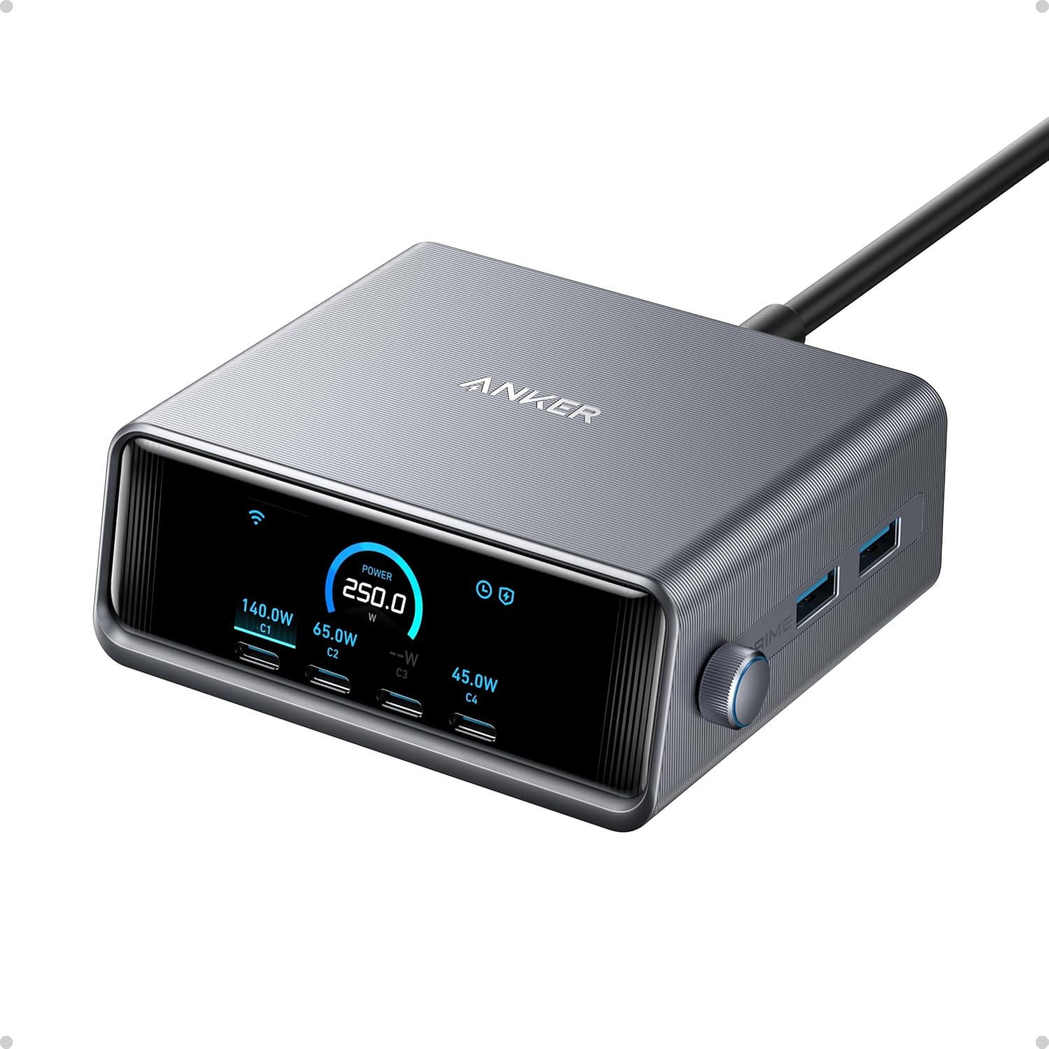 Incarcator retea 250 W GAN Ultra-Fast, smart, cu Wi-Fi, display LCD, buton control putere, 4 porturi USB-C si 2 USB-A, protectie supracurent, supraincalzire, supratensiune, scurtcircuit, multifunctional
