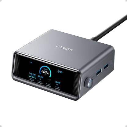 Incarcator retea 250 W GAN Ultra-Fast, smart, cu Wi-Fi, display LCD, buton control putere, 4 porturi USB-C si 2 USB-A, protectie supracurent, supraincalzire, supratensiune, scurtcircuit, multifunctional