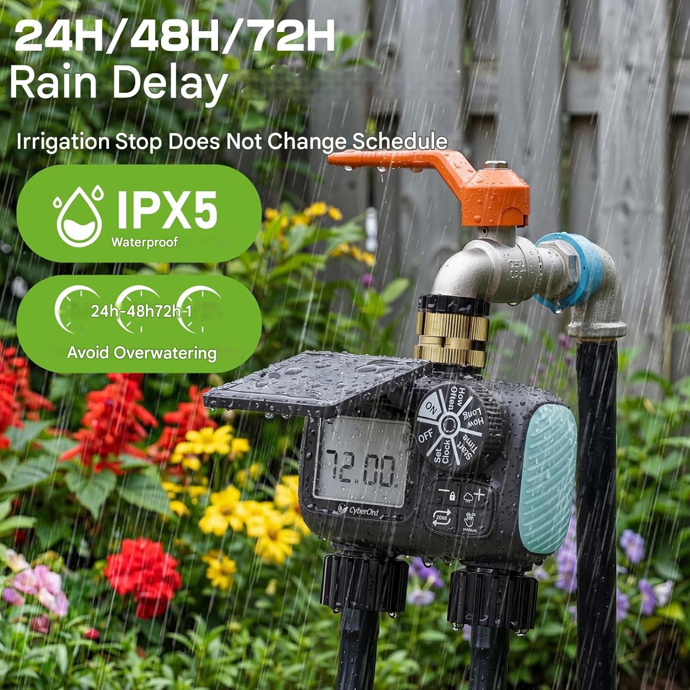 Computer de irigatii solar cu 2 zone, control automat si manual, functie intarziere la ploaie 24, 48, 72h, ecran LCD mare, incarcare solara si USB Tip C, rezistent IPX5, materiale durabile din alama si filtru metalic