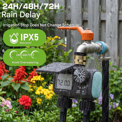 Computer de irigatii solar cu 2 zone, control automat si manual, functie intarziere la ploaie 24, 48, 72h, ecran LCD mare, incarcare solara si USB Tip C, rezistent IPX5, materiale durabile din alama si filtru metalic