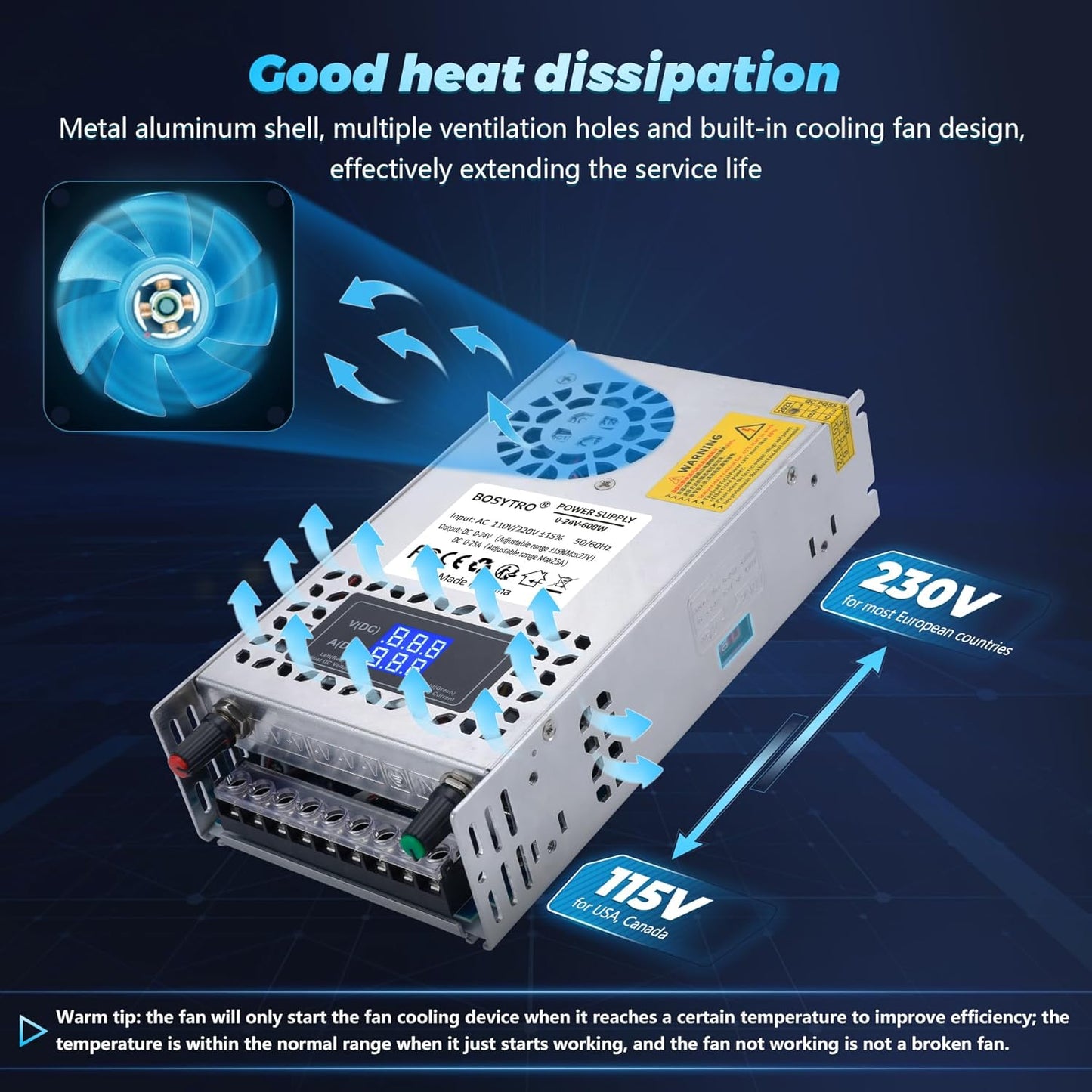 Sursa de alimentare modulara reglabila 0-24V, 0-25A, AC 110V/220V, 600 W, cu display, ventilata, carcasa din aluminiu, pentru banda LED, sisteme supraveghere video, automatizari