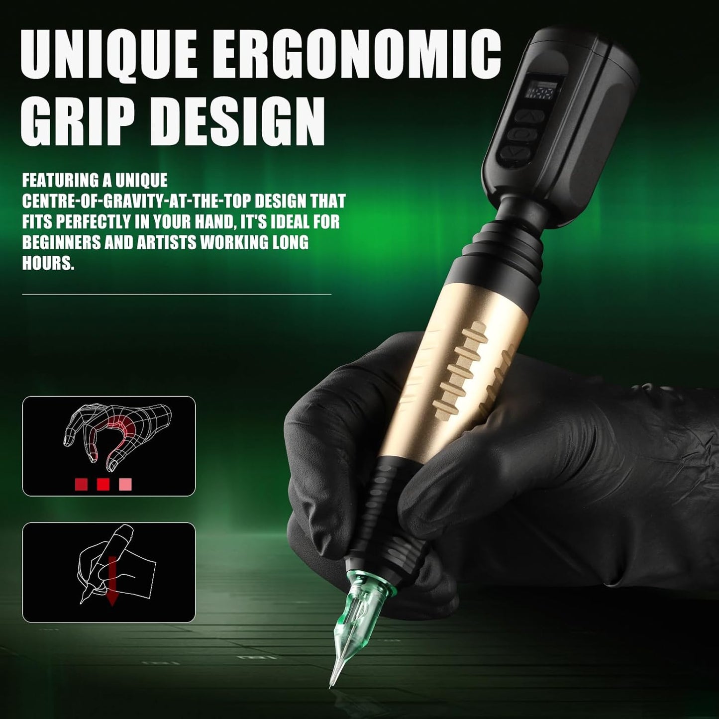 Set aparat de tatuat wireless, masina de tatuaje cu acumulator 1500 mAh, 10 ace tip cartus, 7 cerneluri, design ergonomic