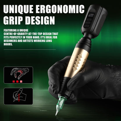 Set aparat de tatuat wireless, masina de tatuaje cu acumulator 1500 mAh, 10 ace tip cartus, 7 cerneluri, design ergonomic