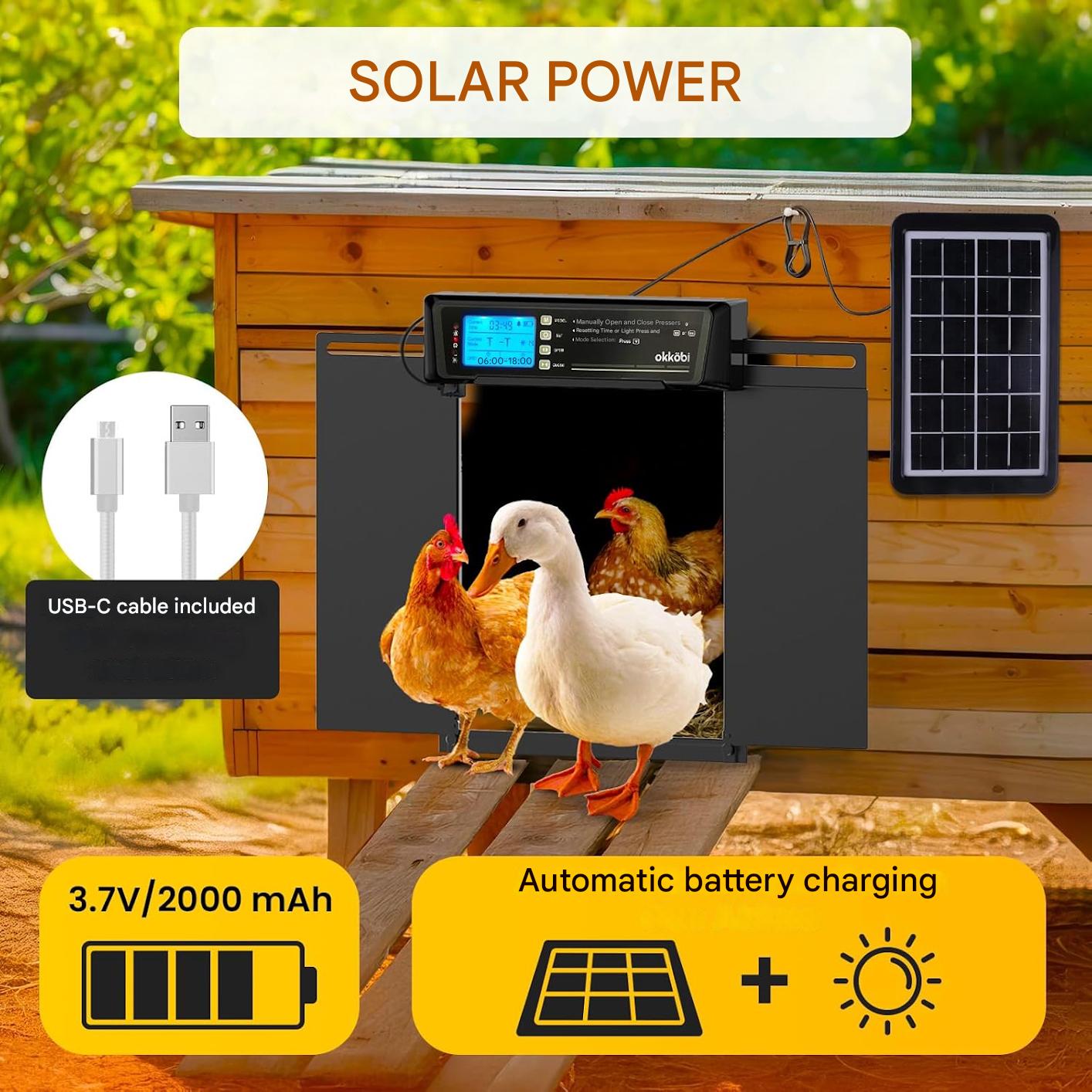 Usa automata inteligenta pentru cotet gaini Okkobi XL, alimentare solara + USB-C, telecomanda, senzor lumina si temporizator, ecran LCD, sistem anti-prindere, deschidere 28, 7x22, 1 cm, rezistenta extreme -20°C/+60°C, negru