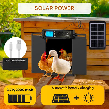 Usa automata inteligenta pentru cotet gaini Okkobi XL, alimentare solara + USB-C, telecomanda, senzor lumina si temporizator, ecran LCD, sistem anti-prindere, deschidere 28, 7x22, 1 cm, rezistenta extreme -20°C/+60°C, negru