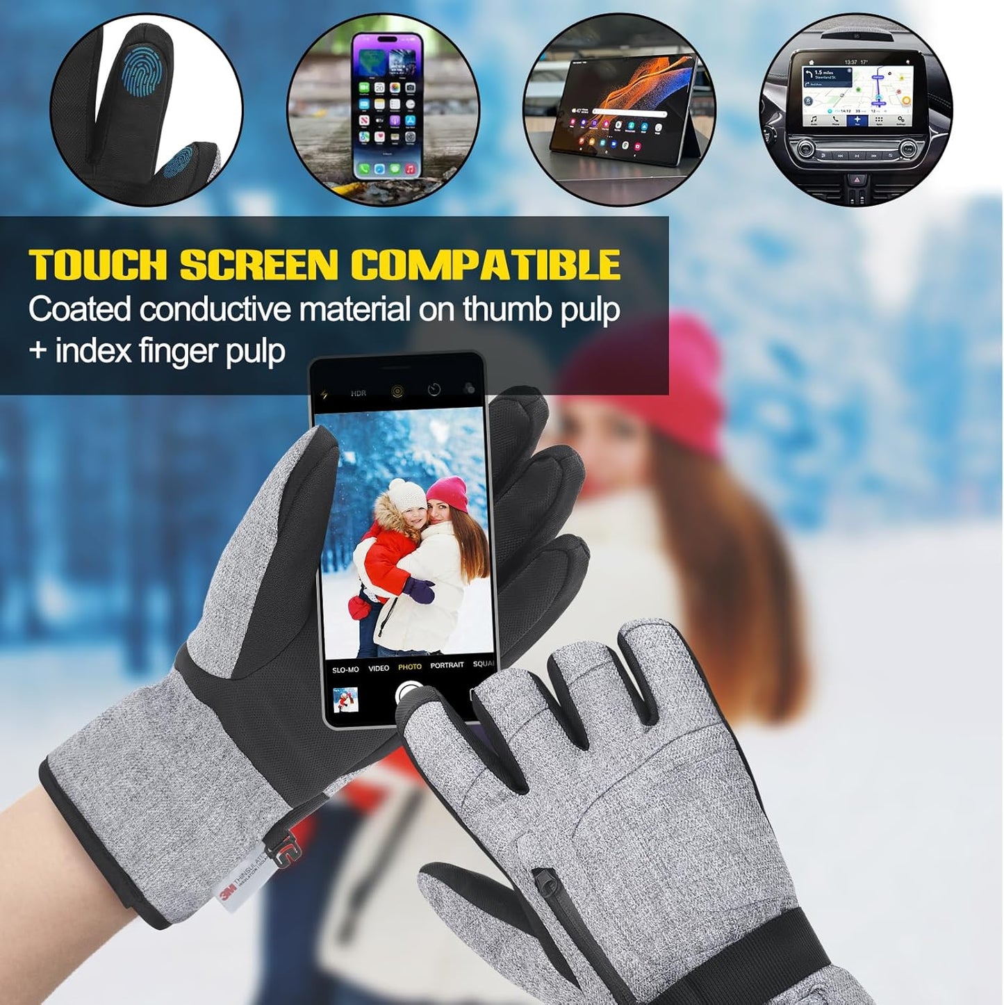Manusi de iarna impermeabile, compatibile touchscreen, material respirabil, rezistente la vant, cu buzunar, pentru schi, snowboarding, drumetii, ciclism