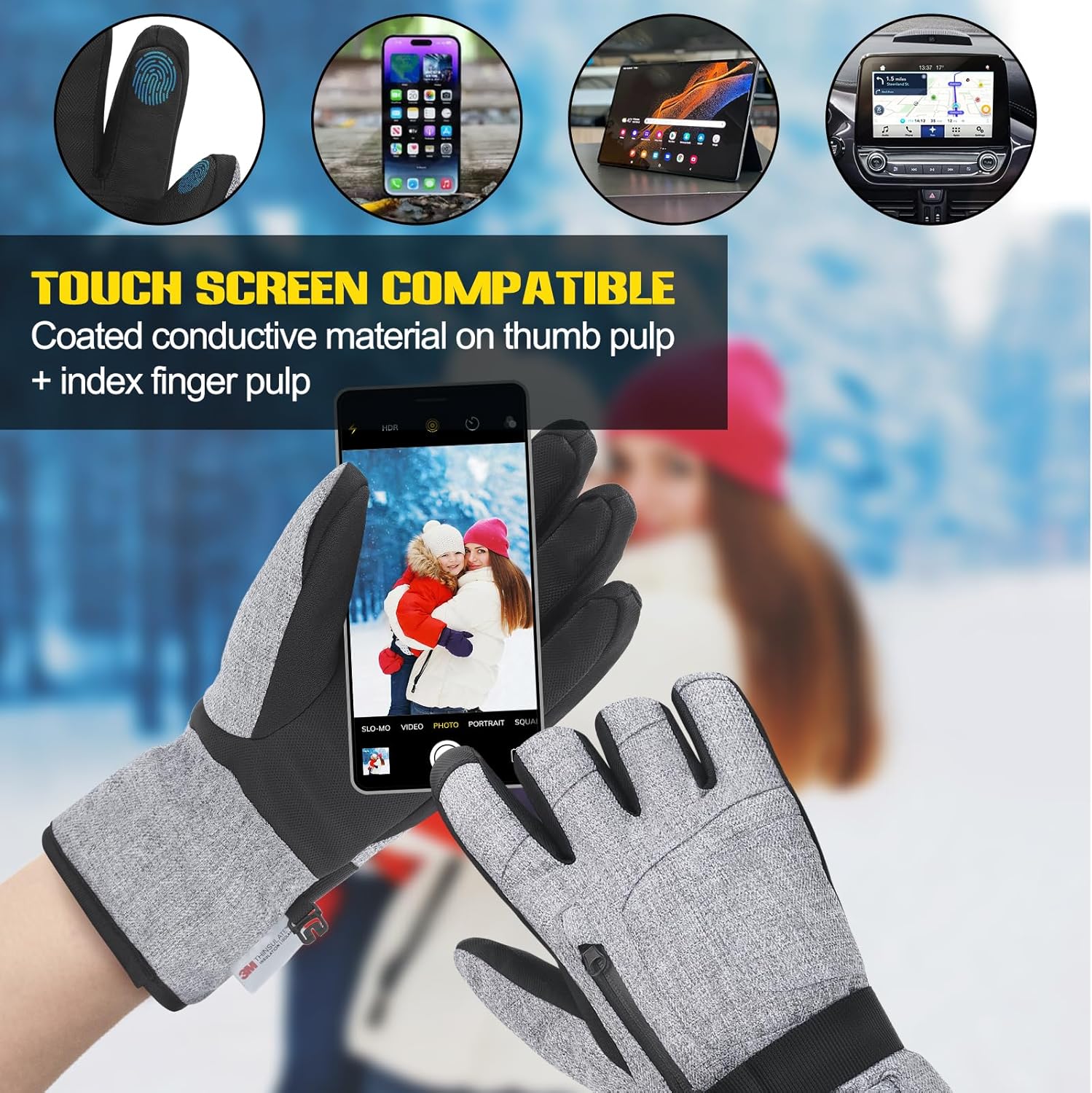 Manusi de iarna impermeabile, compatibile touchscreen, material respirabil, rezistente la vant, cu buzunar, pentru schi, snowboarding, drumetii, ciclism