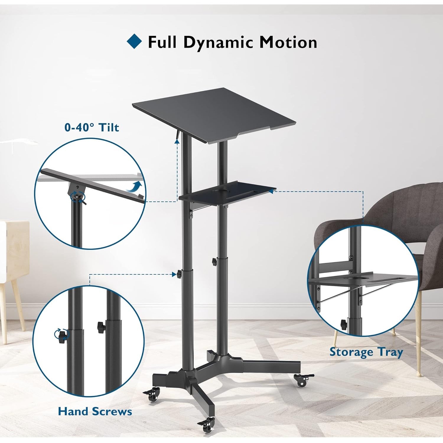 Suport mobil pentru laptop, stand cu inaltime reglabila, suporta greutate pana la 20 kg, unghi reglabil 0-40°, roti cu blocare, multifunctional, negru