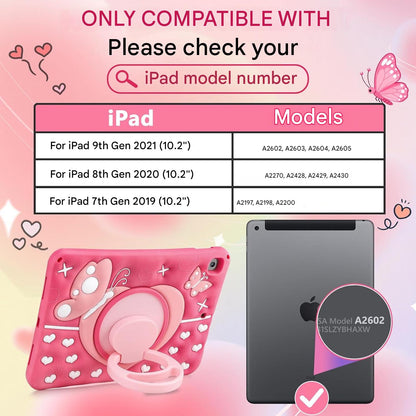 Husa iPad VOFOLEN pentru copii 10.2 inch, compatibila iPad 9 / 8 / 7 (2021/2020/2019), silicon moale rezistent la socuri, maner rotativ 360°, curea de umar, suport integrat, design fluture, roz