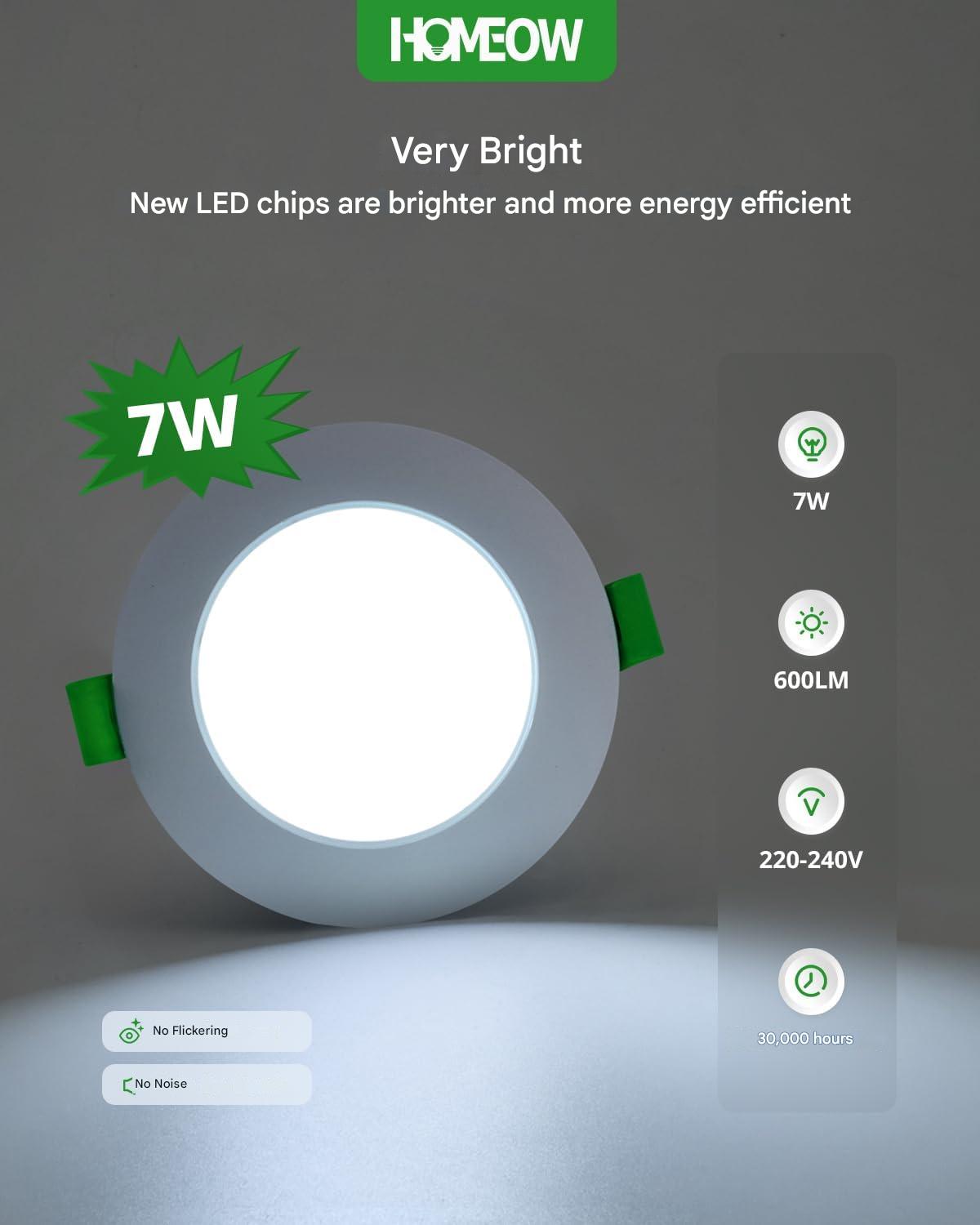 Spoturi LED incastrate, 230 V, Plat, 7 W, 600 LM, IP44, spoturi LED reglabile, alb cald, alb neutru, alb rece, clasa energetica F