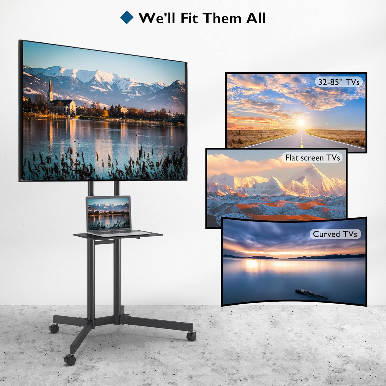 Suport TV stand cu roti, pentru televizoare de 32-85 inch plat si curbat de pana la 60 kg, reglabil in inaltime, VESA maxim 600 x 400 mm, negru