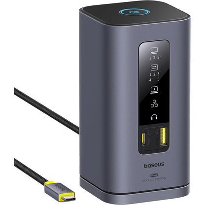 Statie de andocare 11 in 1, extindere la 3 monitoare 4K, 3 x HDMI 4K, Displaylink, 3 x USB-A, 2 x USB-C, 1 x Ethernet RJ-45 1GBPS, 1 x AUX, pentru MacBook M1/M2/M3 si Windows, cu buton blocare ecran si baza magnetica