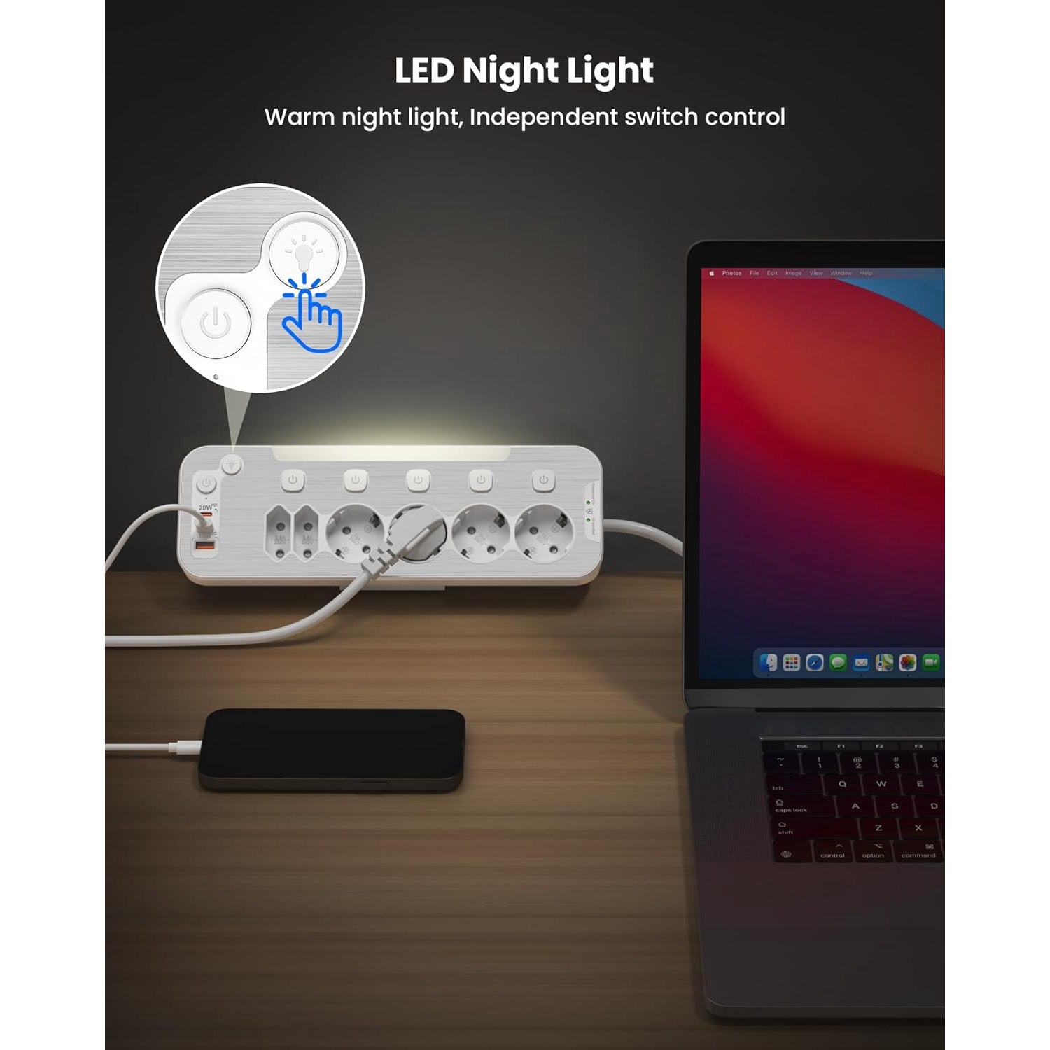 Prelungitor pentru perete/colt, cu 6 prize cu intrerupator individual, 2 porturi USB-C PD 20W, 1 port USB-A 18W QC, lumina de noapte, cu prindere pentru birou, cablu de 2 m, protectie la supratensiune, alb
