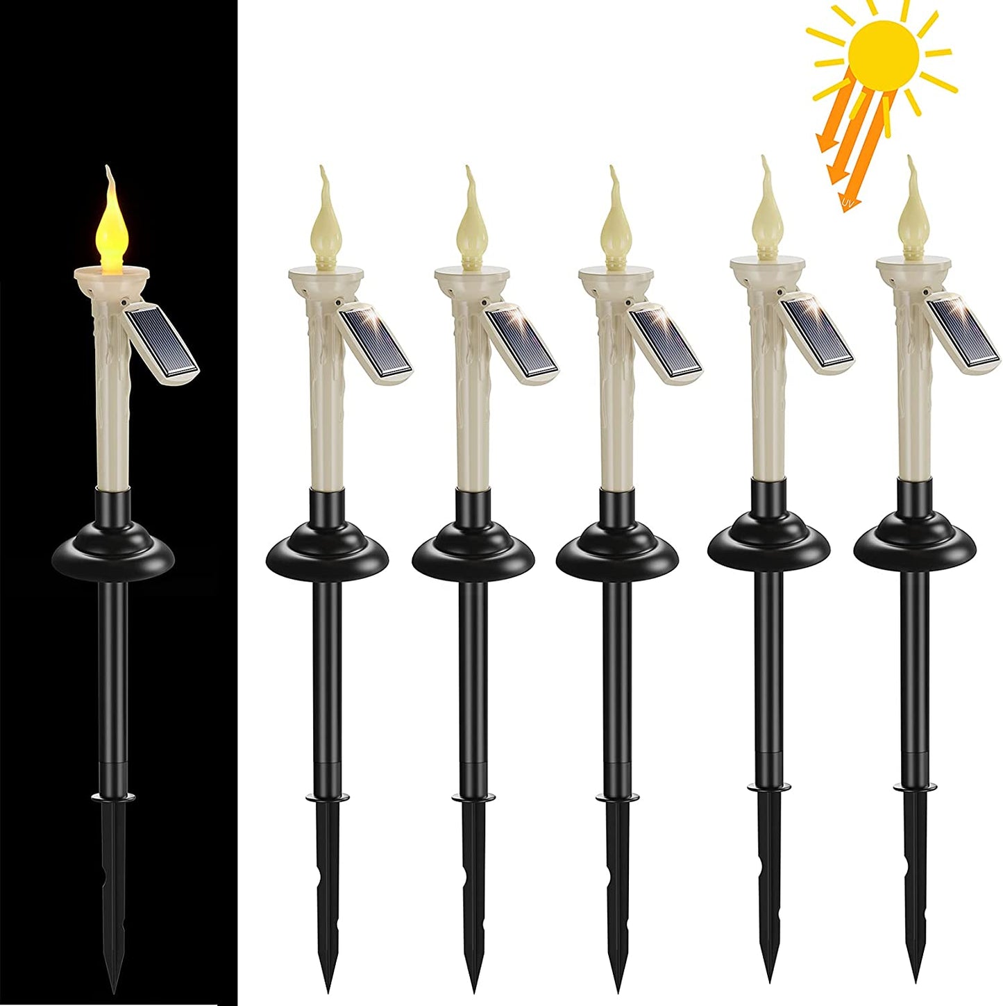 Set de 6 lampi solare LED stil lumanare, cu panou solar, impermeabile, lumanari fara flacara cu tarus de fixare in pamant