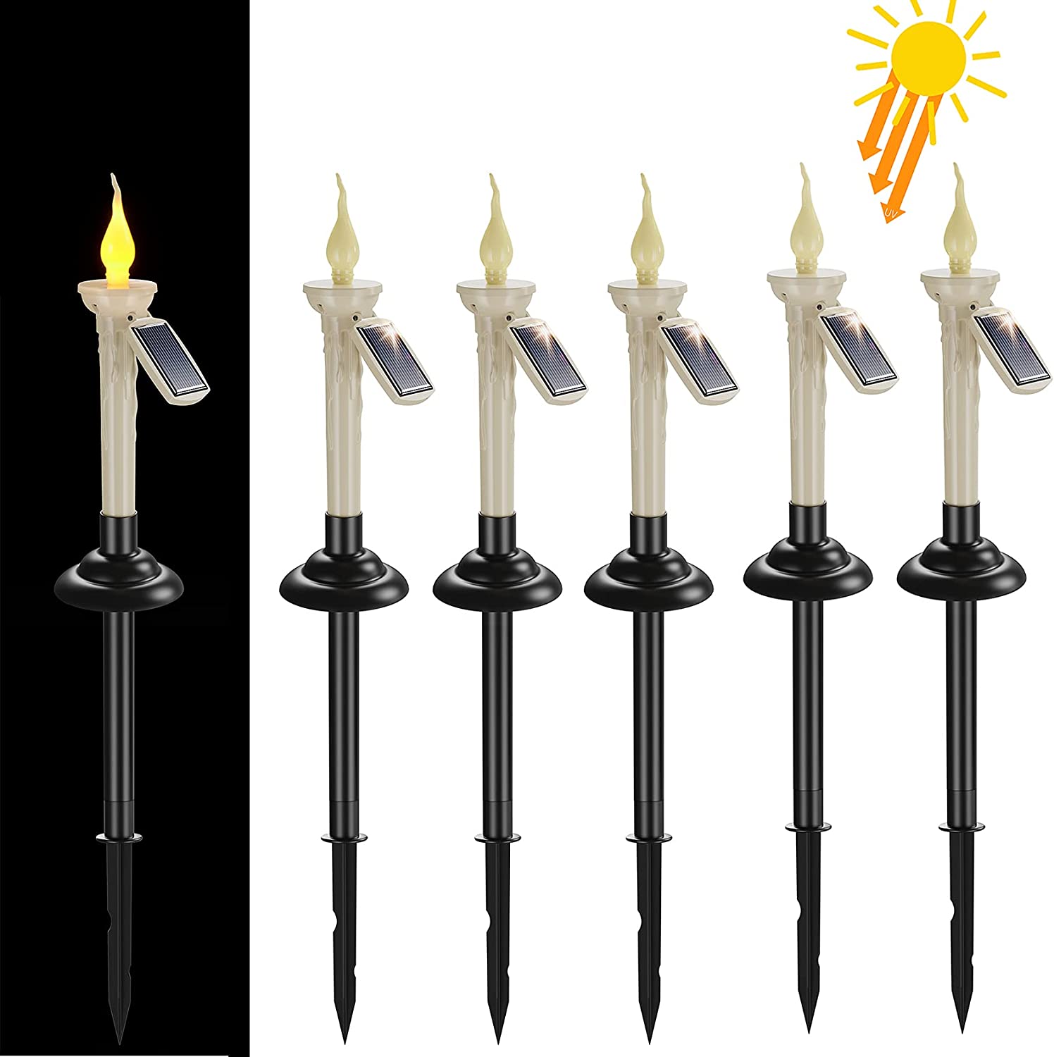 Set de 6 lampi solare LED stil lumanare, cu panou solar, impermeabile, lumanari fara flacara cu tarus de fixare in pamant