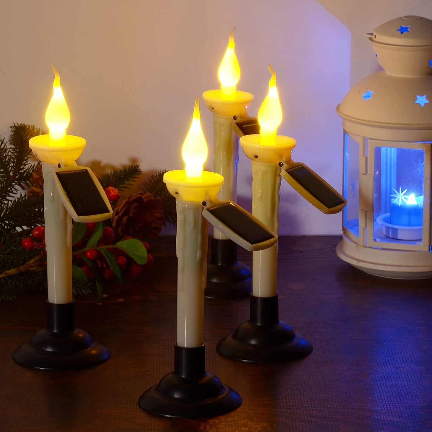 Set de 6 lampi solare LED stil lumanare, cu panou solar, impermeabile, lumanari fara flacara cu tarus de fixare in pamant